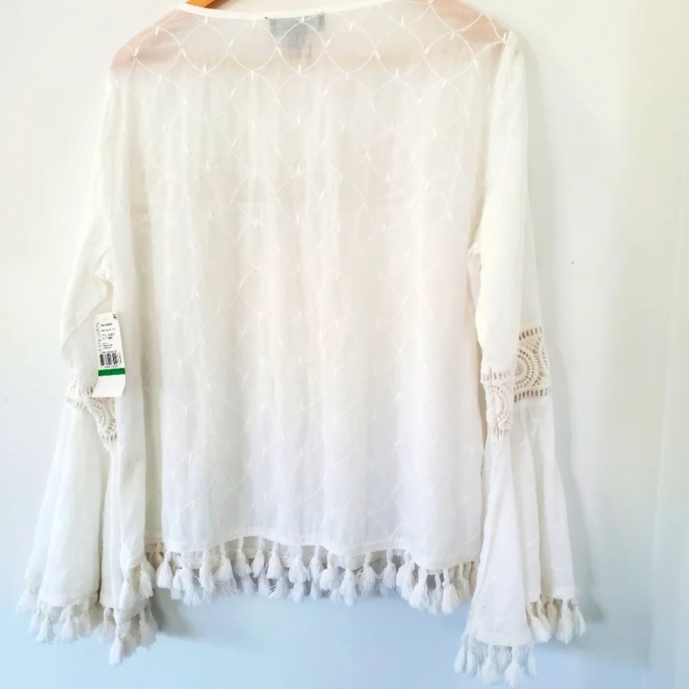 NWT KAREN KANE L White Embroidered Tassel Top Cotton Bell Sleeve Boho Coastal - Picture 8 of 14